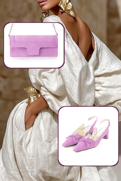 Dress slingback bow heels in mauve purple leather with kitten heels and tapered toe - Top view